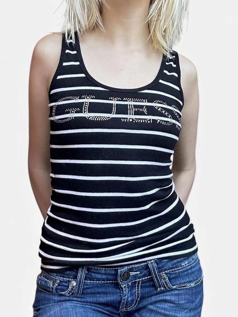 Y2K Guess Striped Embellished Tank Top in Black & White